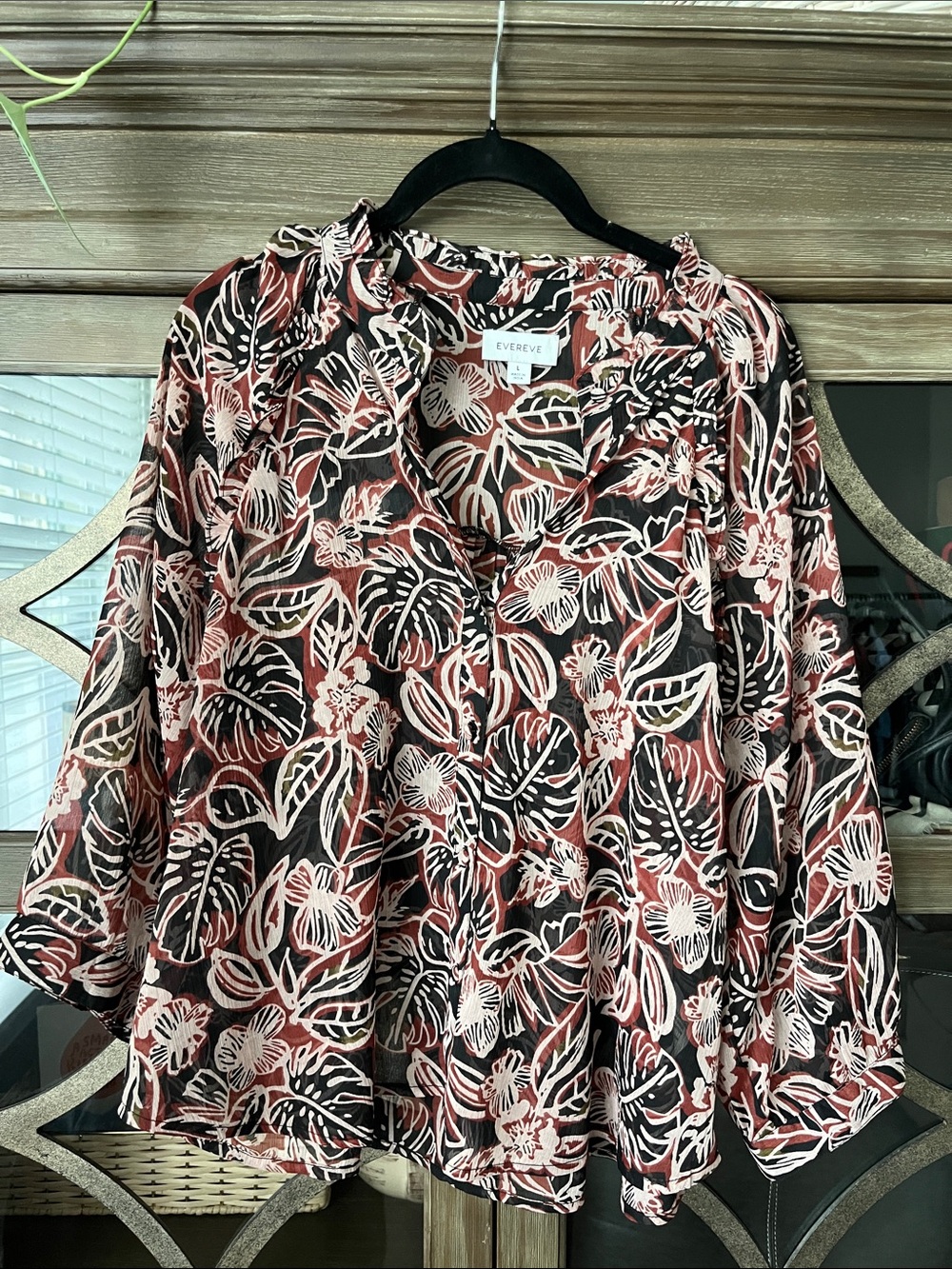 Evereve Black & Coral Botanical Print Sheer Button Up Blouse